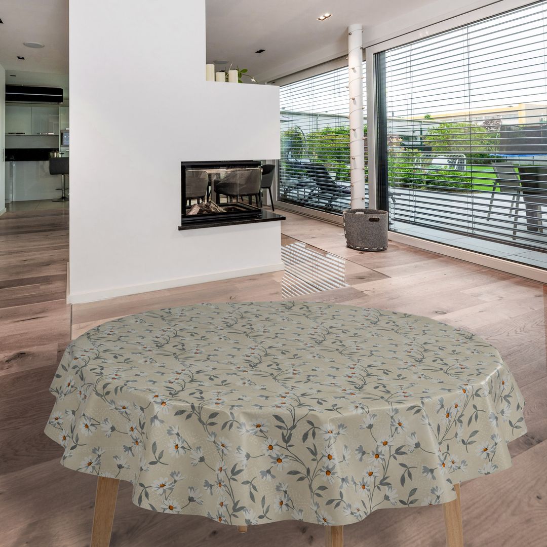 laro Rund 140 cm Wachstuchtischdecke Tischdecke Abwaschbar PVC Blume Beige Weiß Rund 140cm