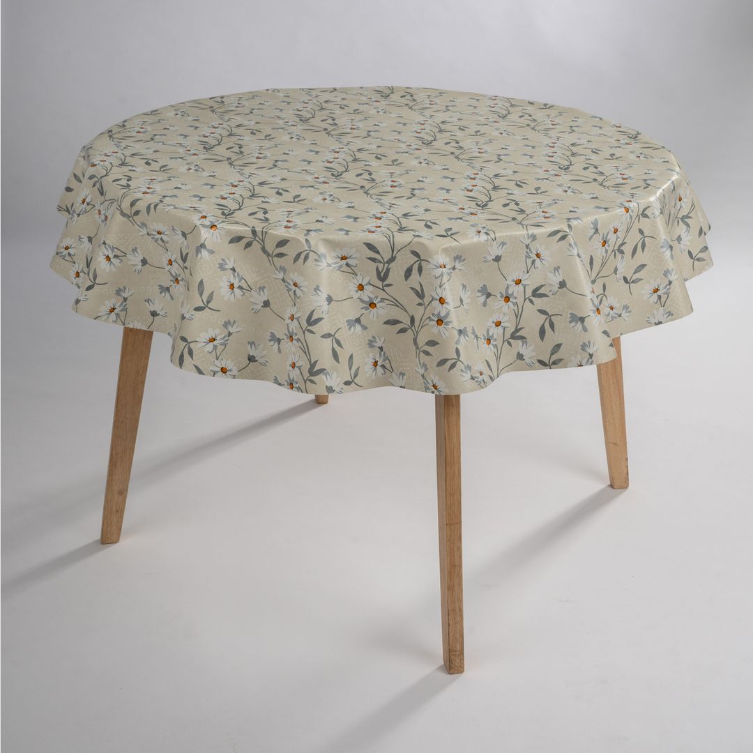 laro Rund 140 cm Wachstuchtischdecke Tischdecke Abwaschbar PVC Blume Beige Weiß Rund 140cm