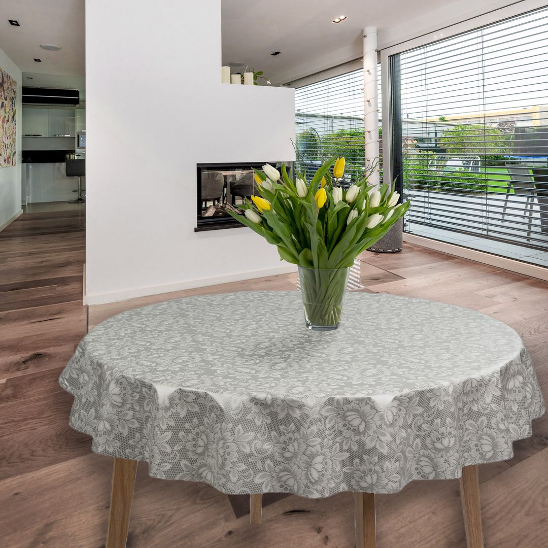 Wachstuch-Tischdecken Blumen Grau Weiß Rund 140cm