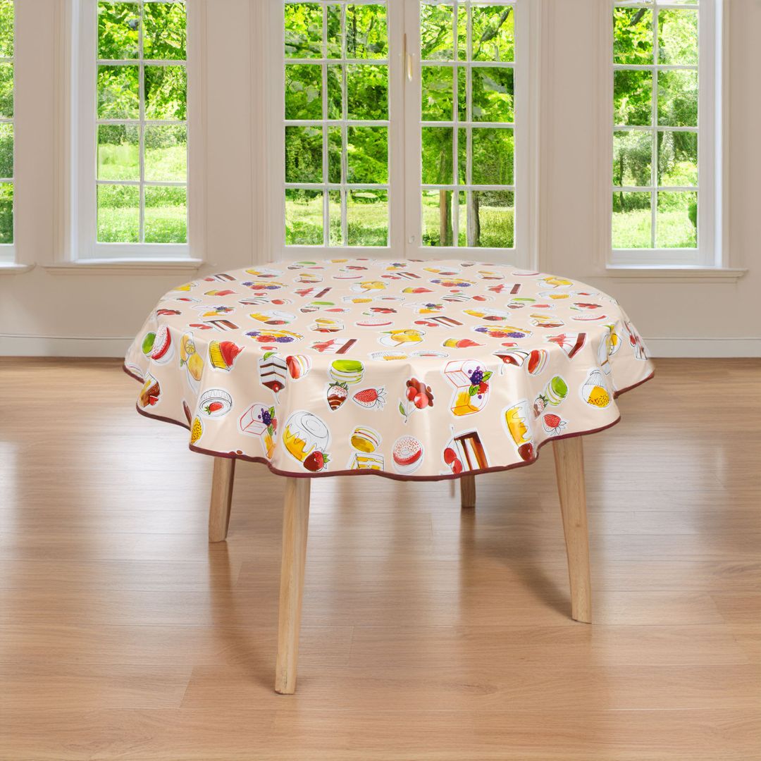 laro 140cm runde Wachstuchtischdecke mit Saum-Eingefasst Geburtstag Torte Beige