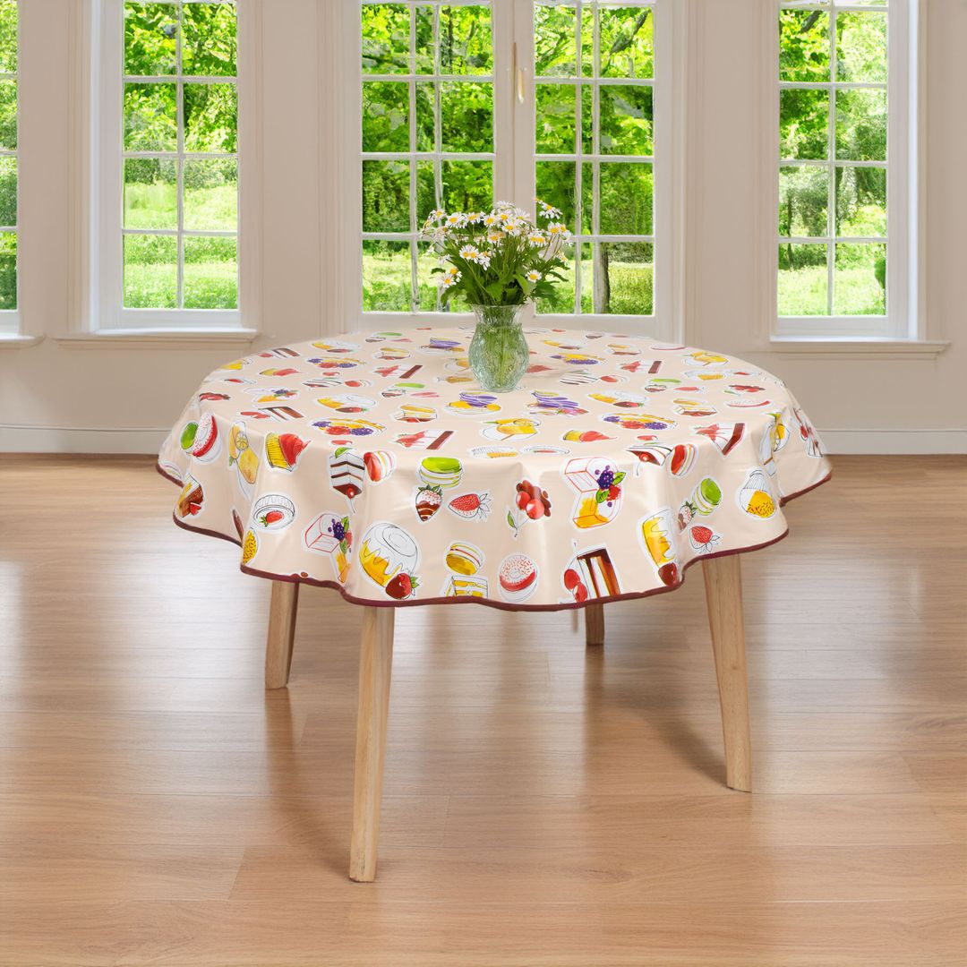laro 140cm runde Wachstuchtischdecke mit Saum-Eingefasst Geburtstag Torte Beige