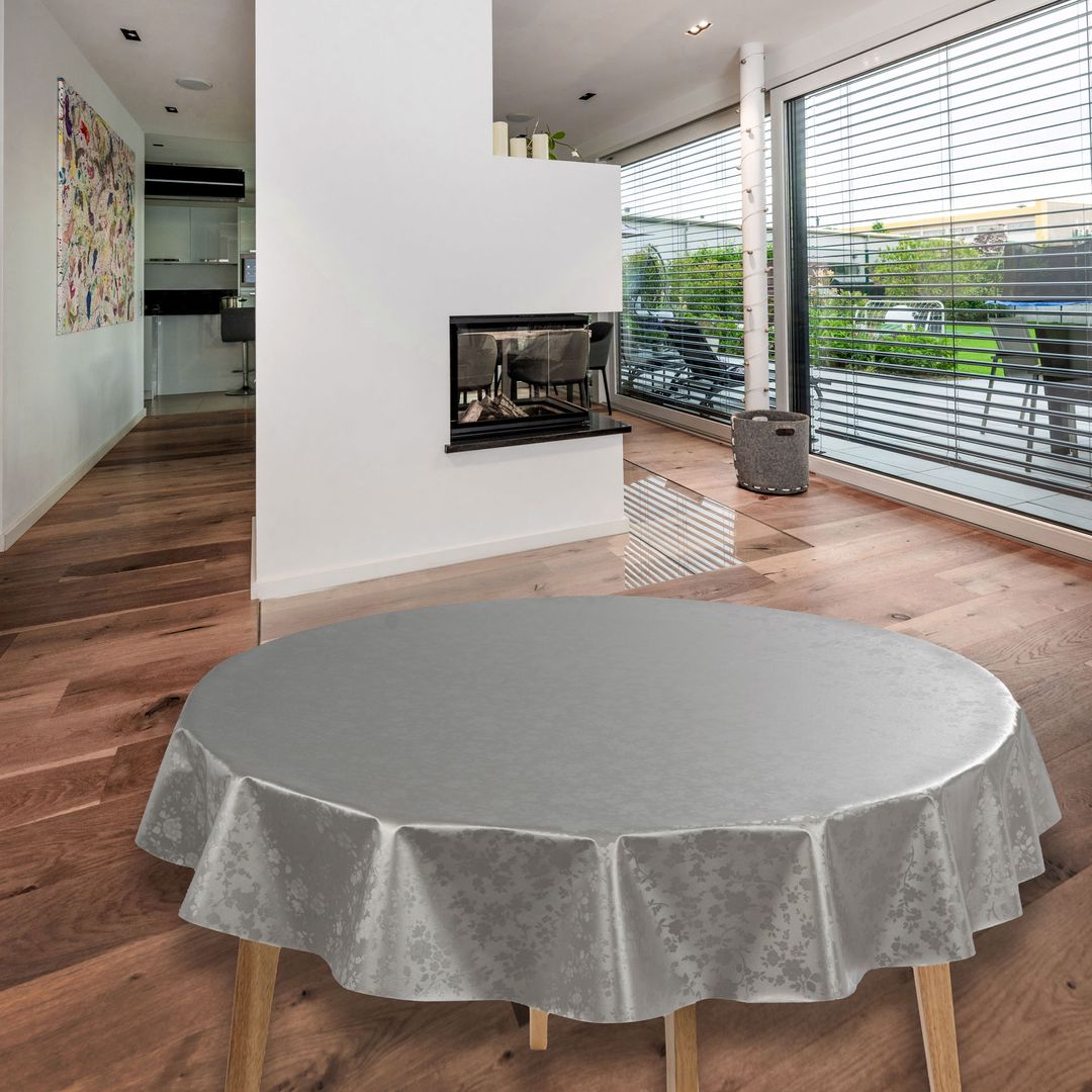 laro Rund 140 cm Wachstuchtischdecke Tischdecke Abwaschbar PVC Geprägt Blumen Grau Rund 140cm