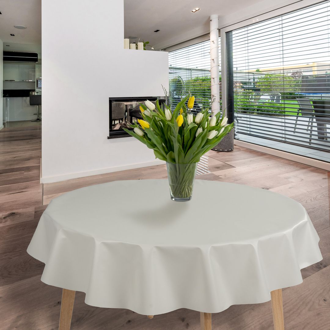 laro Rund 140 cm Wachstuchtischdecke Tischdecke Abwaschbar PVC Hochglanz Weiß Rund 140cm