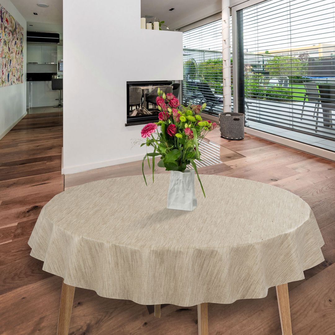 laro Rund 140 cm Wachstuchtischdecke Tischdecke Abwaschbar PVC Leinenoptik Beige Creme Rund 140cm