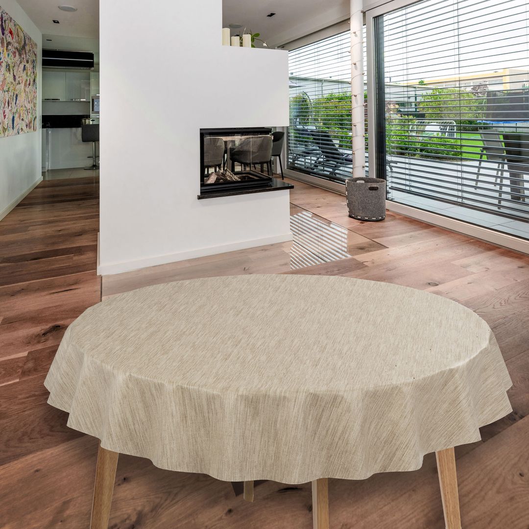 laro Rund 140 cm Wachstuchtischdecke Tischdecke Abwaschbar PVC Leinenoptik Beige Creme Rund 140cm