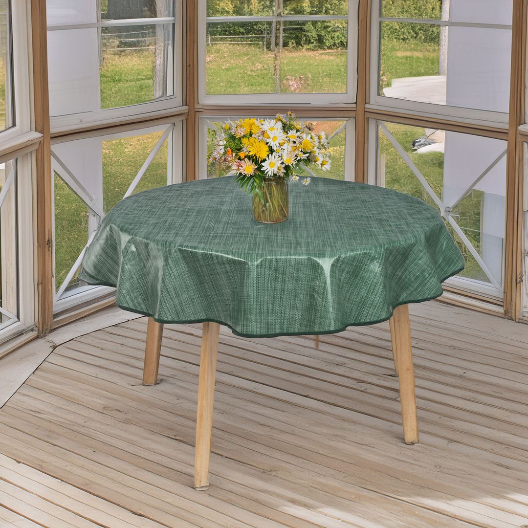 laro 140cm runde Wachstuchtischdecke mit Saum-Eingefasst Leinenoptik Dunkelgrün