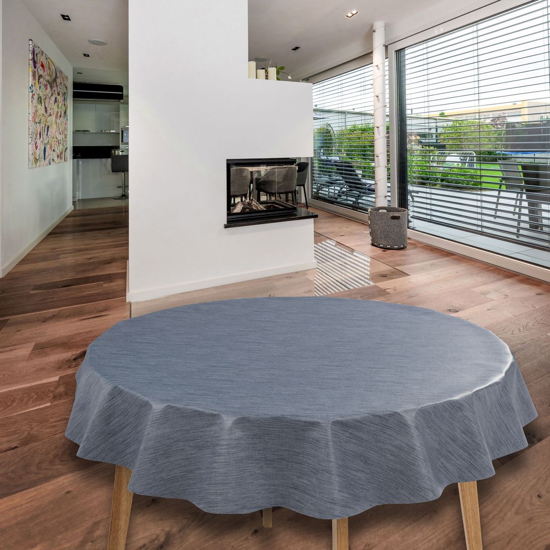 laro Rund 140 cm Wachstuchtischdecke Tischdecke Abwaschbar PVC Leinenoptik Grau Blau Rund 140cm