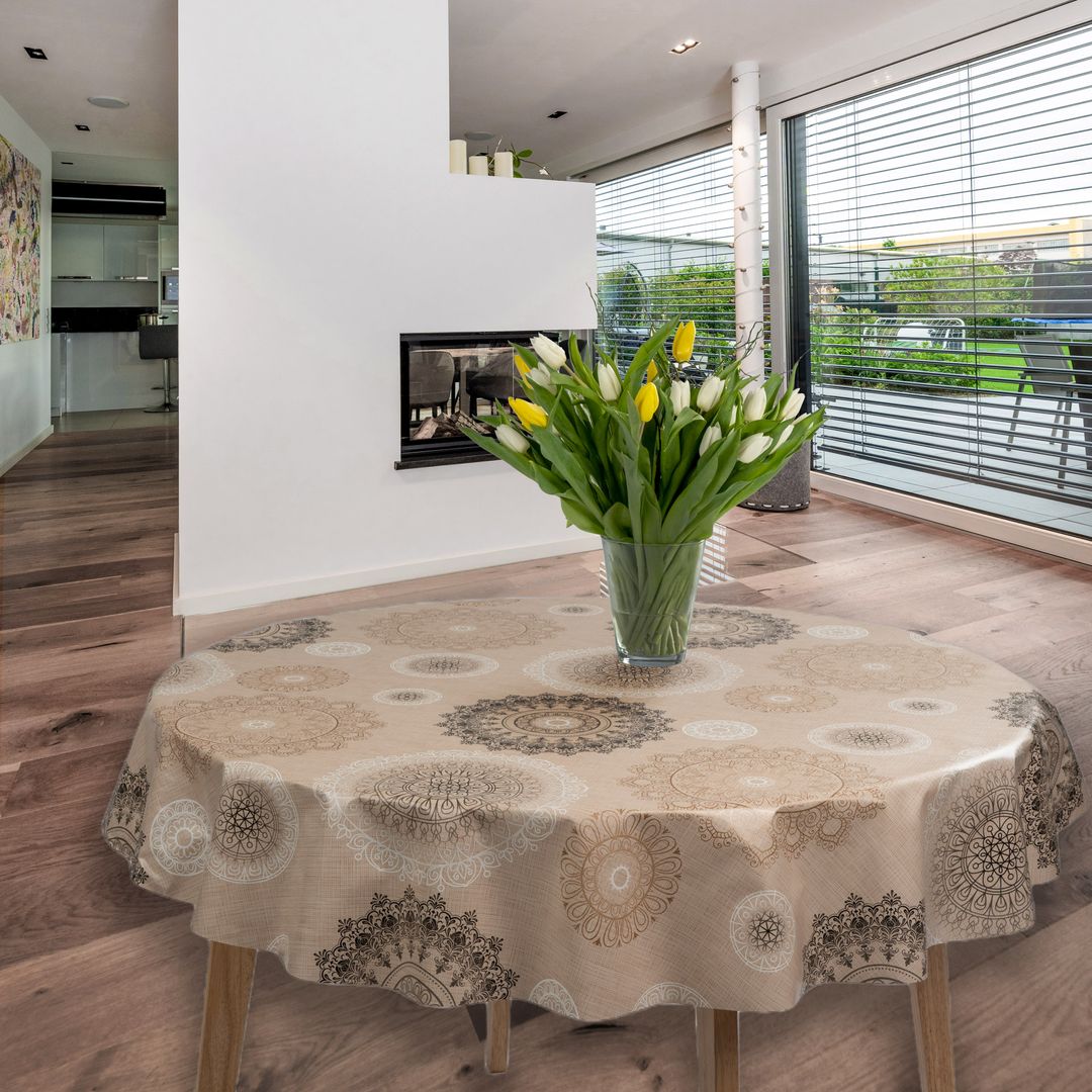 Wachstuch-Tischdecken Mandala Beige Rund 140cm