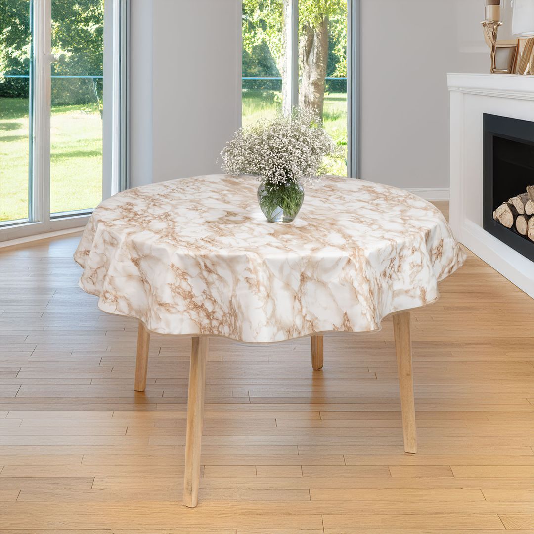 laro 140cm runde Wachstuchtischdecke mit Saum-Eingefasst Marmor Weiß Beige Braun