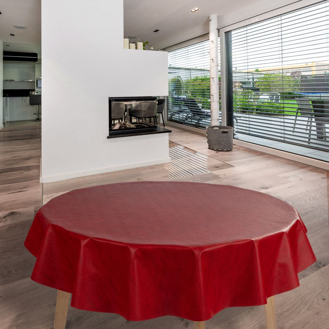 laro Rund 140 cm Wachstuchtischdecke Tischdecke Abwaschbar PVC Rot Leinenoptik Rund 140cm