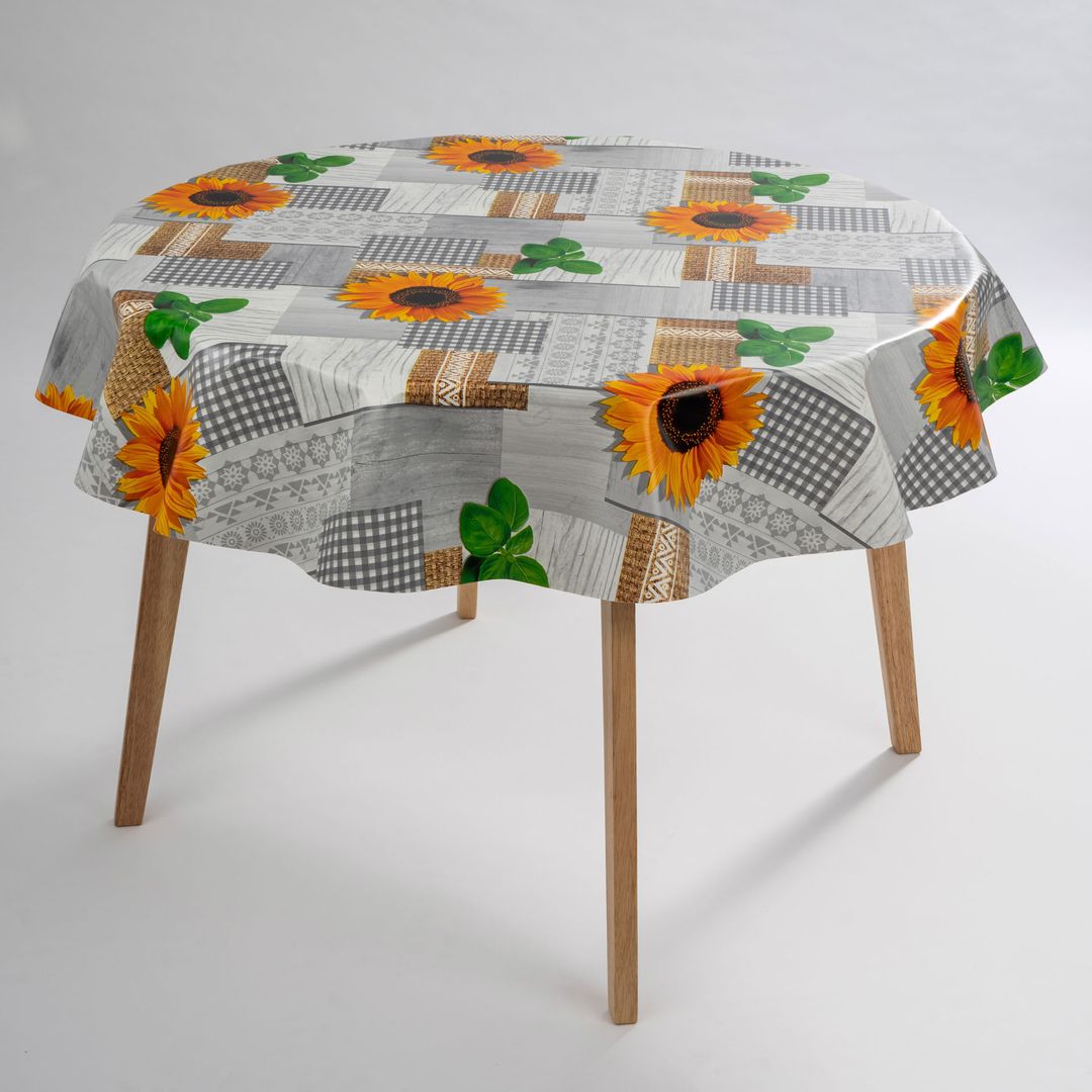 laro Rund 140 cm Wachstuchtischdecke Tischdecke Abwaschbar PVC Sonnenblumen Gelb Grau Rund 140cm