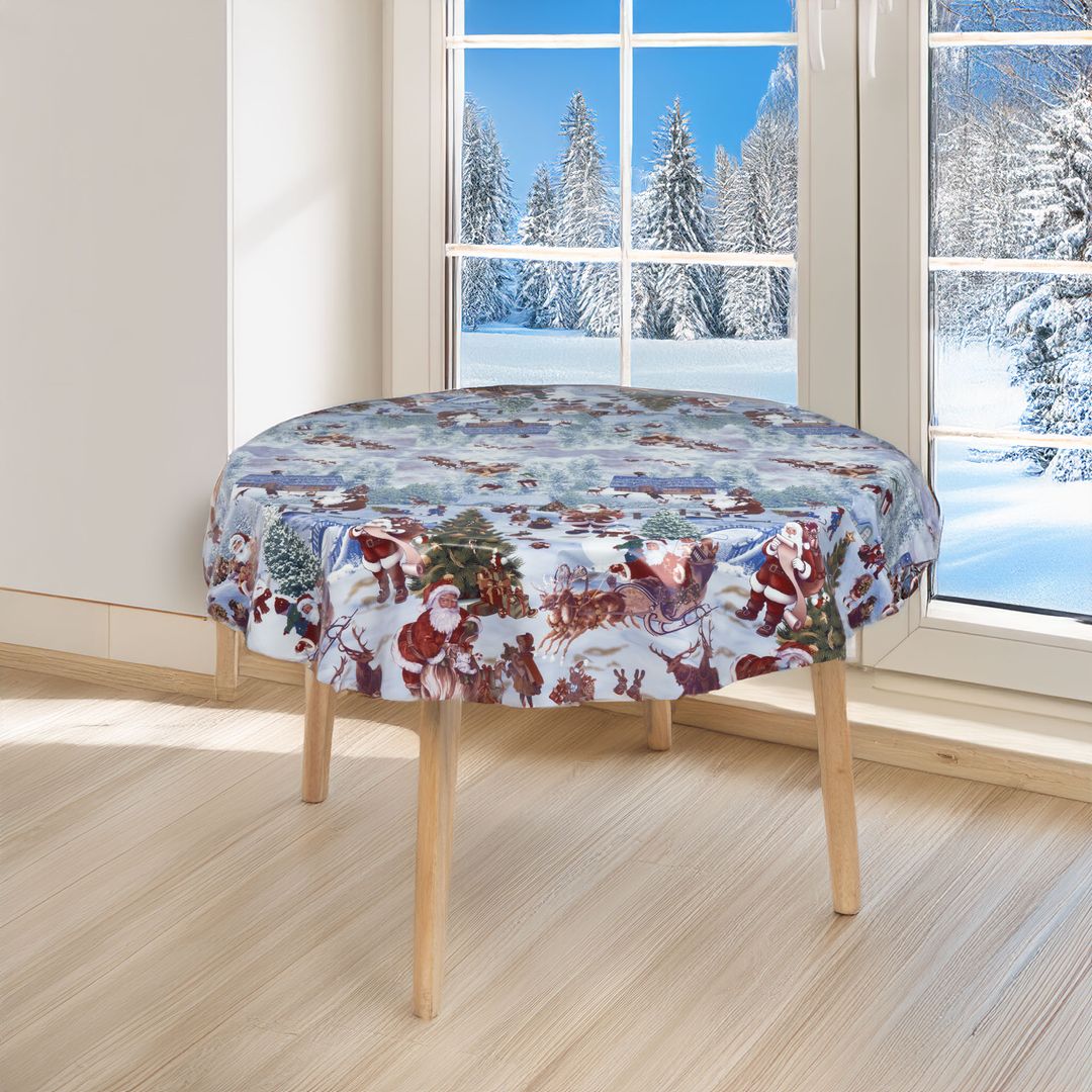 laro runde 140 cm Wachstuchtischdecke Garten Weihnachtsmann Schlitten Weiß Blau