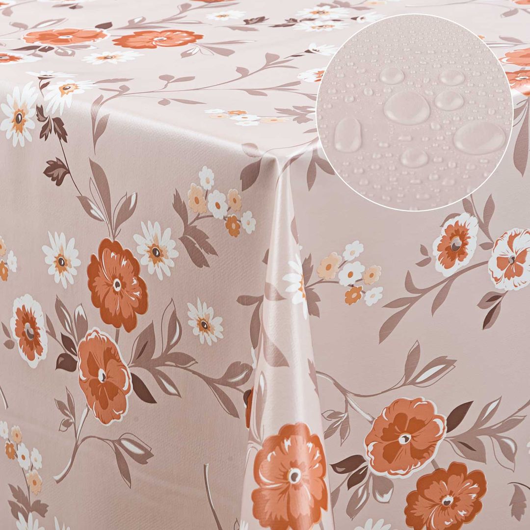 Wachstuch-Tischdecken Blumen Orange. Beige. Braun rechteckig