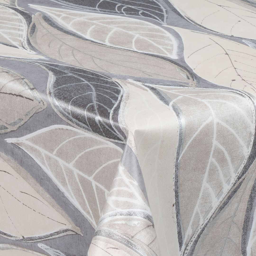 laro Wachstuch-Tischdecke Wachstischdecke Gartentischdecke Blätter Grau Beige