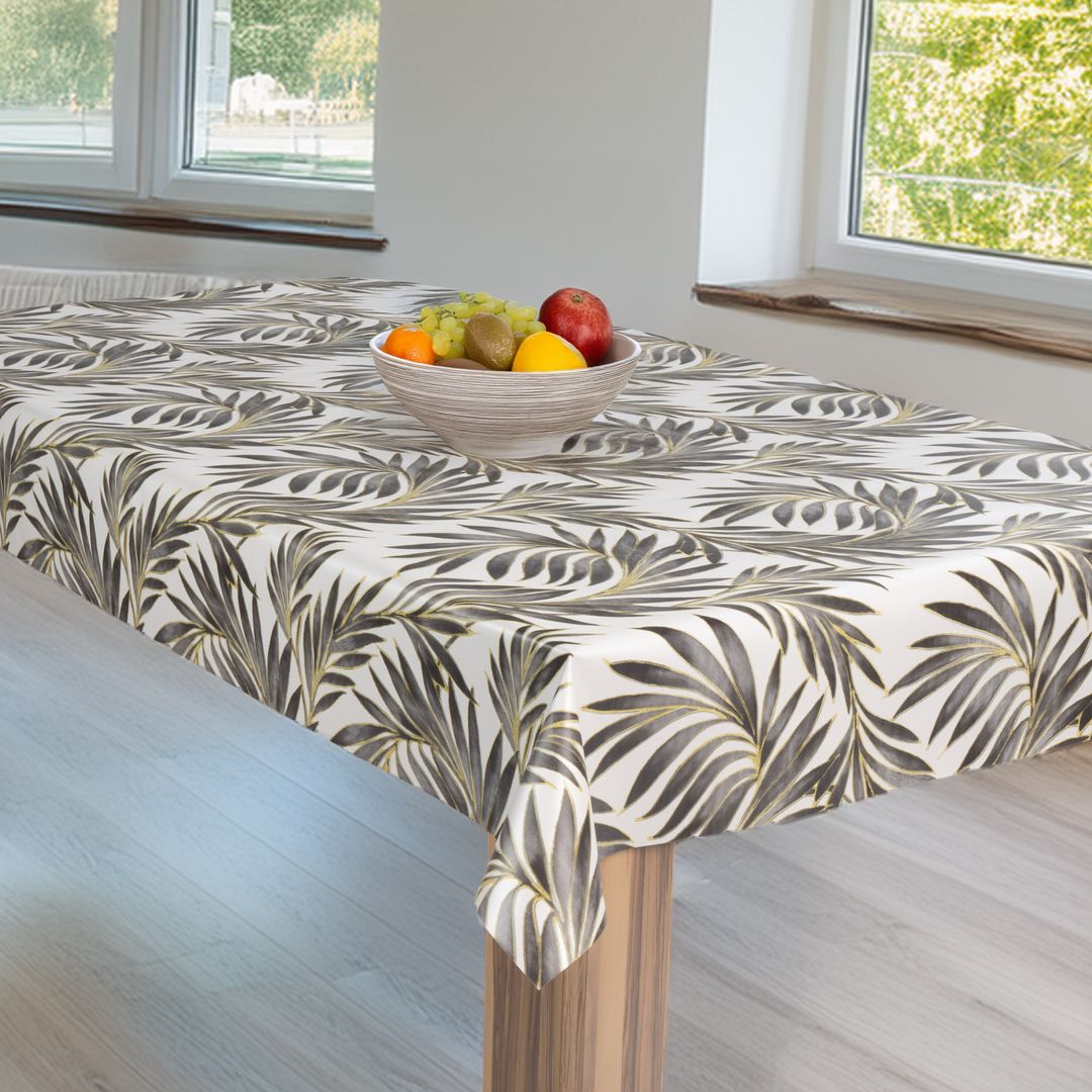 laro Wachstuch-Tischdecke Wachstischdecke Gartentischdecke Blätter Grau Gelb