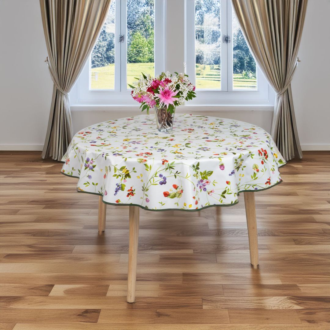 laro 140cm runde Wachstuchtischdecke mit Saum-Eingefasst Blumen Hagebutten