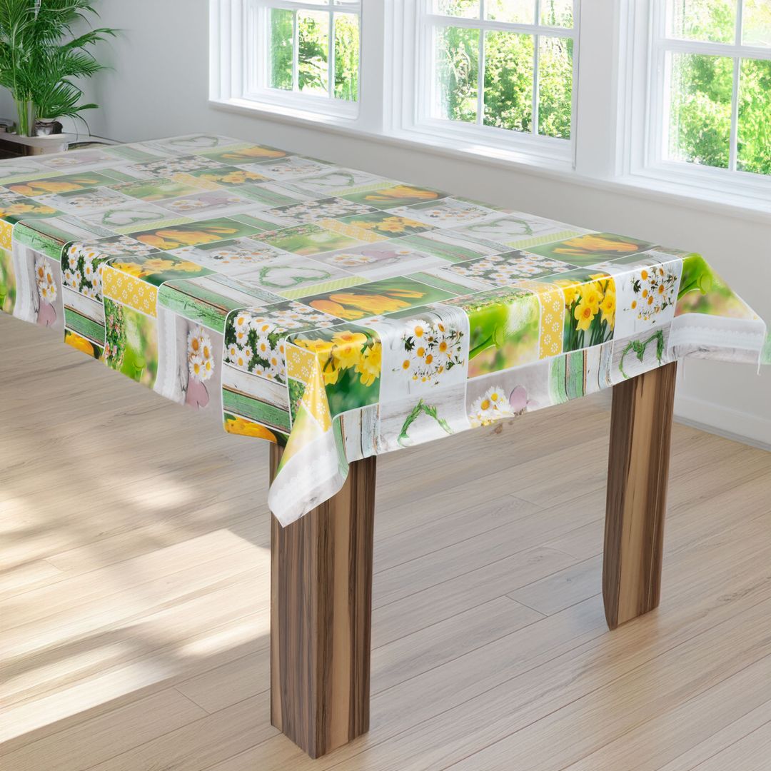 laro Wachstuch-Tischdecke Wachstischdecke Blumen Narzissen Tulpen Margeriten