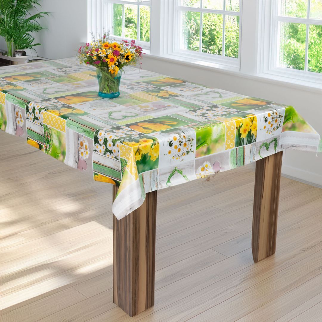 laro Wachstuch-Tischdecke Wachstischdecke Blumen Narzissen Tulpen Margeriten