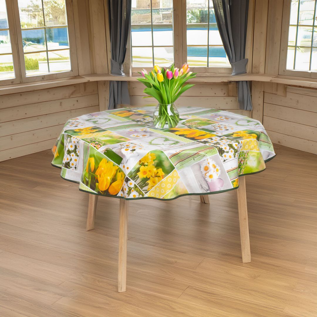 laro 140cm runde Tischdecke Saum-Eingefasst Blumen Narzissen Tulpen Margeriten