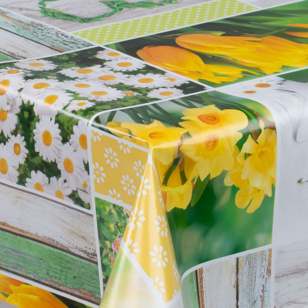 laro Wachstuch-Tischdecke Wachstischdecke Blumen Narzissen Tulpen Margeriten