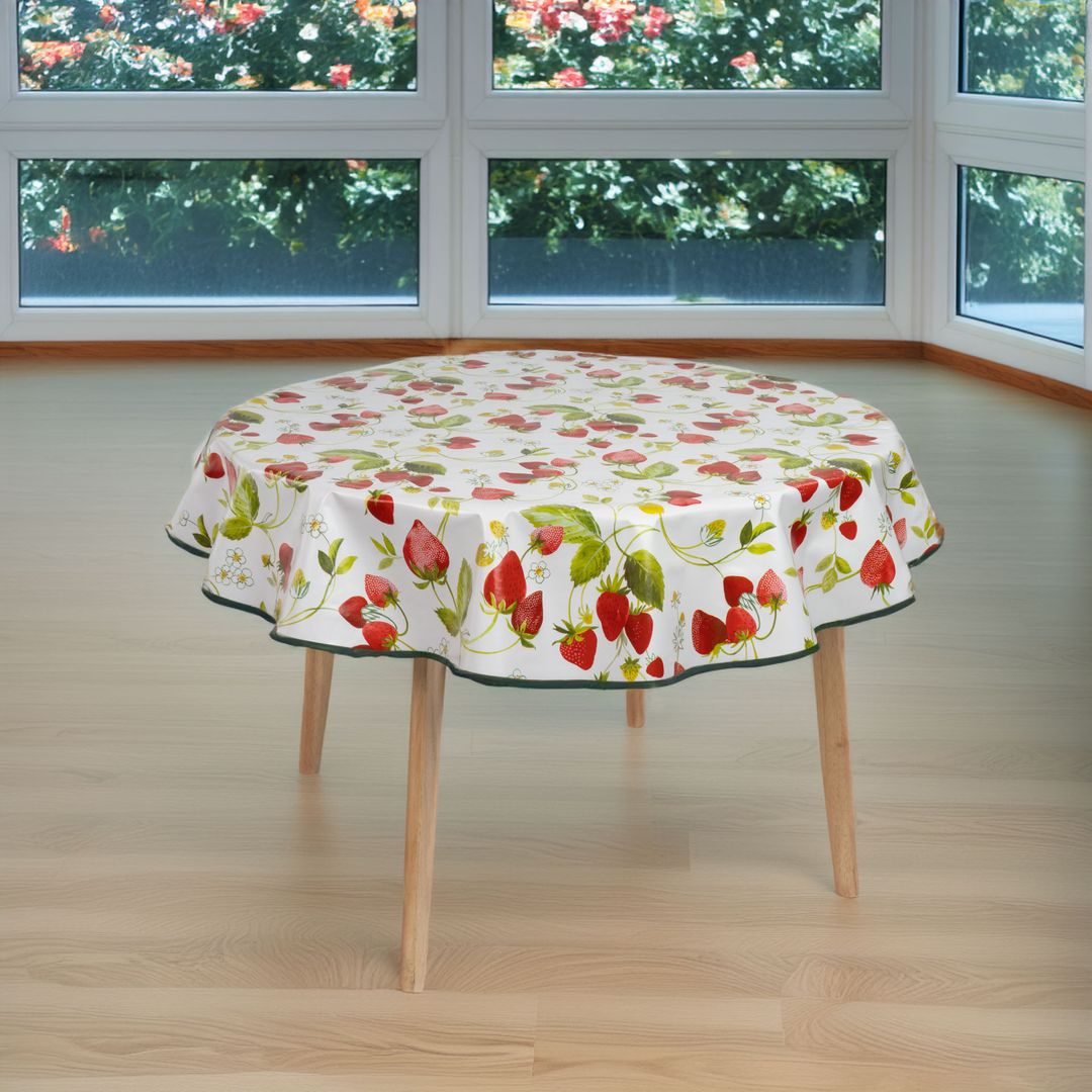 laro 140cm runde Wachstuchtischdecke mit Saum-Eingefasst Erdbeeren Rot Weiß