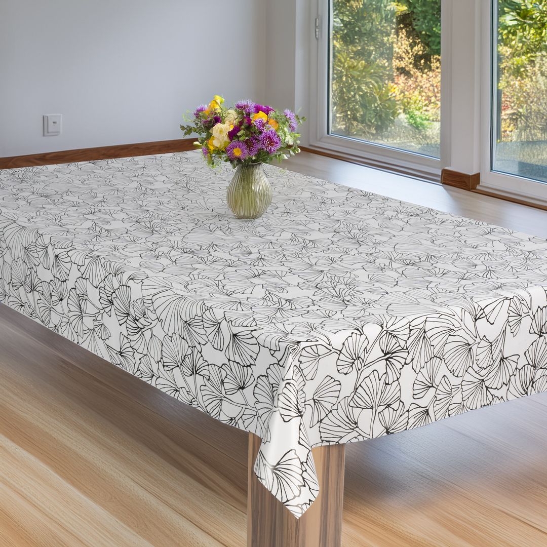 laro Wachstuch-Tischdecke Gartentischdecke Ginkgo Schwarz Weiß Minimalistisch