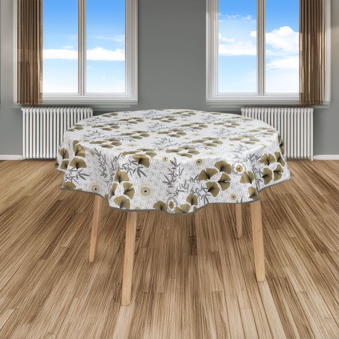 laro 140cm runde Wachstuchtischdecke mit Saum-Eingefasst Ginko Blätter Gold