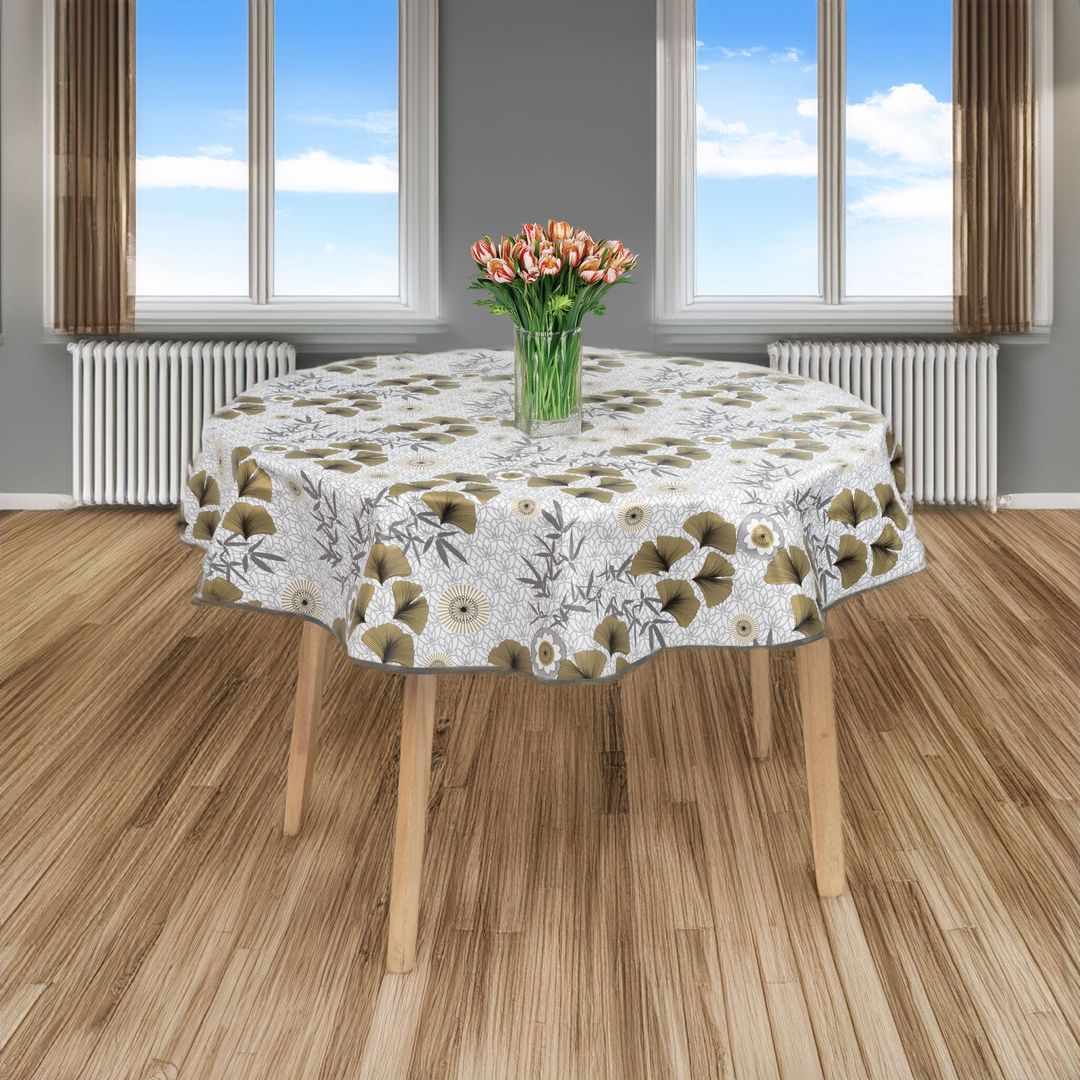 laro 140cm runde Wachstuchtischdecke mit Saum-Eingefasst Ginko Blätter Gold