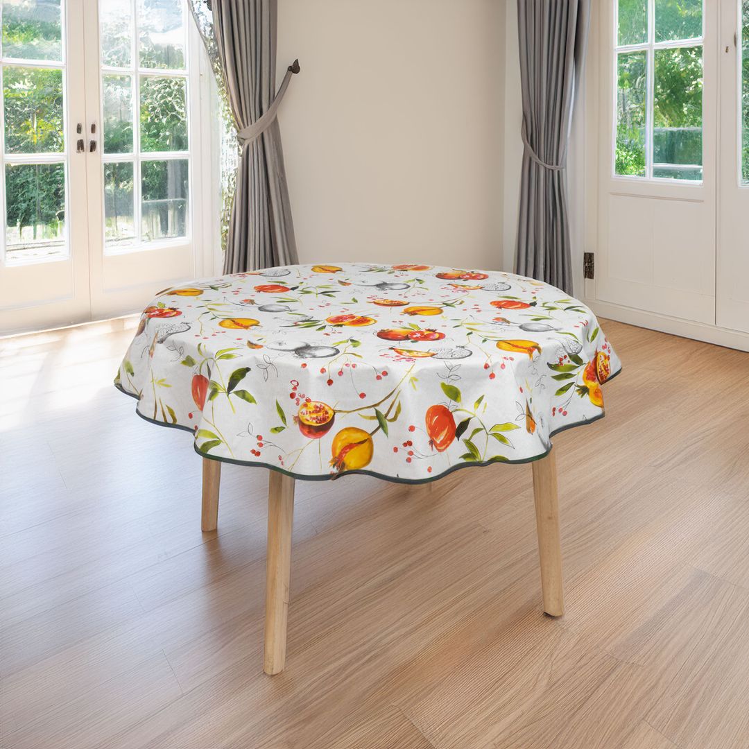 laro 140cm runde Wachstuchtischdecke Saum-Eingefasst Granatapfel Rot Orange Weiß