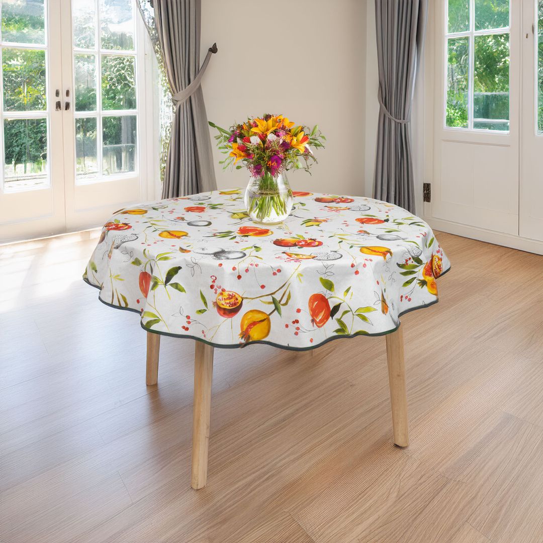 laro 140cm runde Wachstuchtischdecke Saum-Eingefasst Granatapfel Rot Orange Weiß