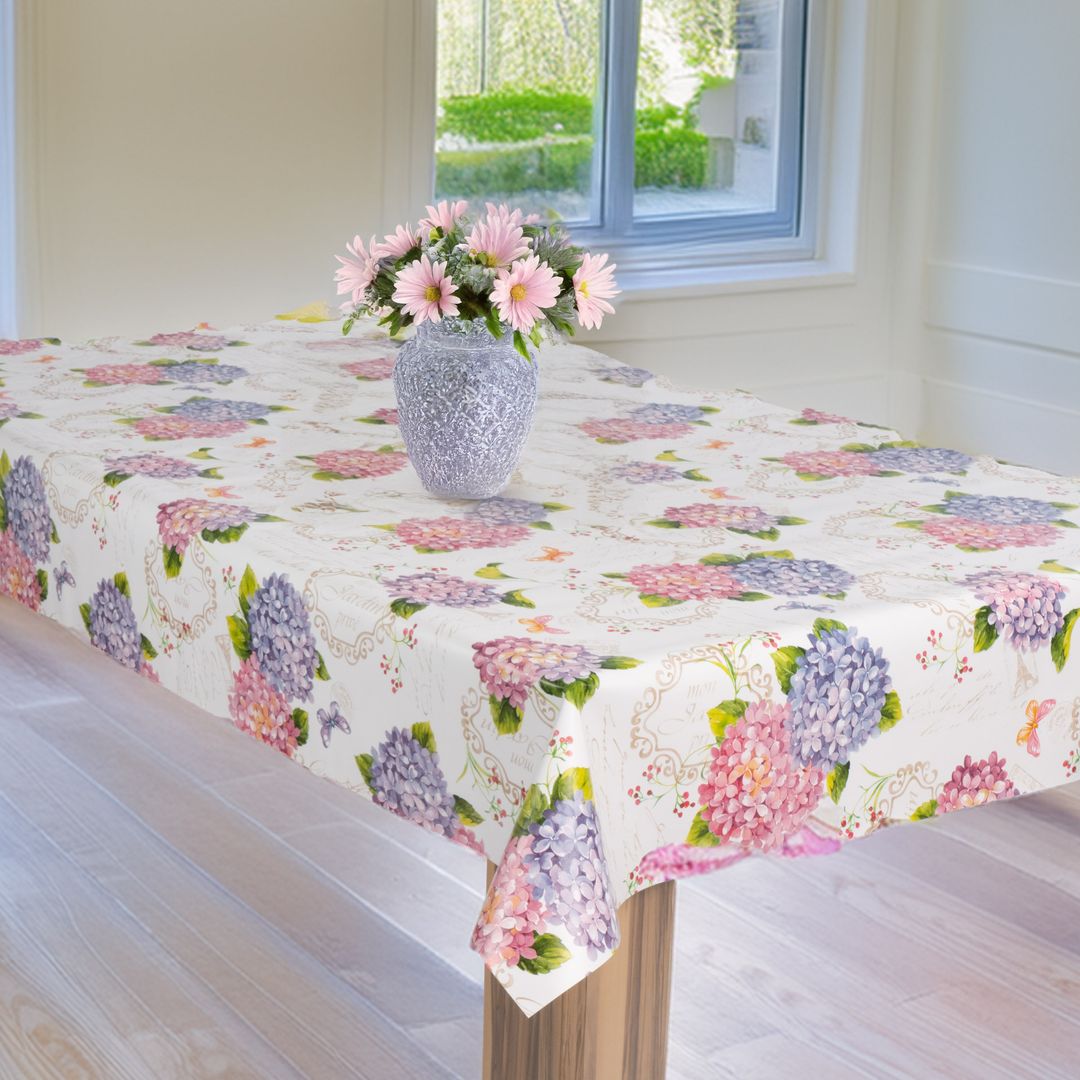laro Wachstuch-Tischdecke Wachstischdecke Gartentischdecke Hortensien Lila Rosa