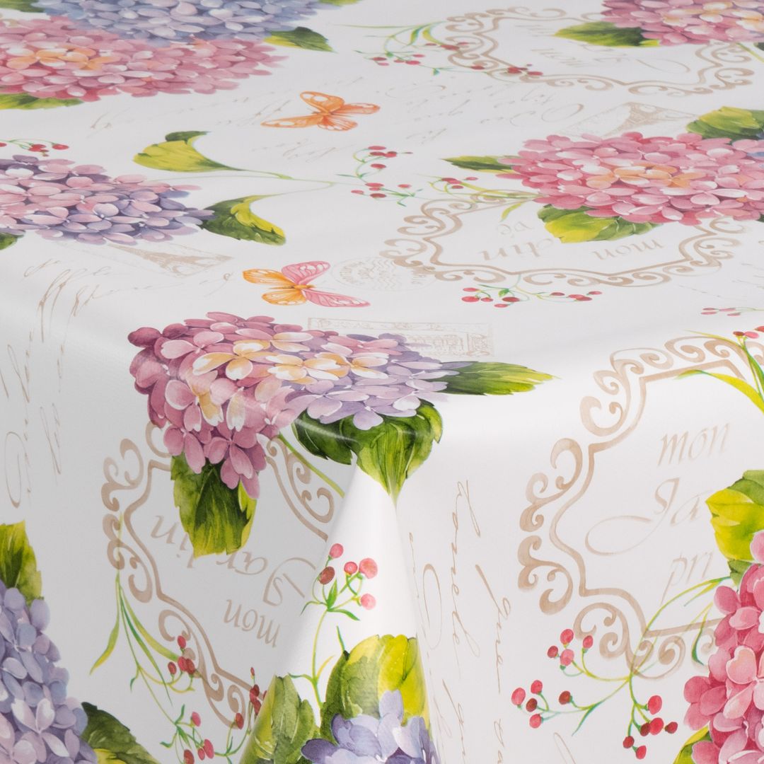 laro Wachstuch-Tischdecke Wachstischdecke Gartentischdecke Hortensien Lila Rosa