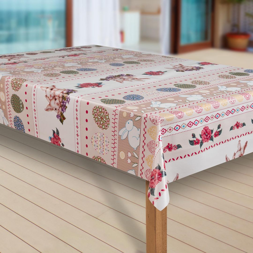 Wachstuch-Tischdecken Ostern Hase Eier Blumen Beige rechteckig