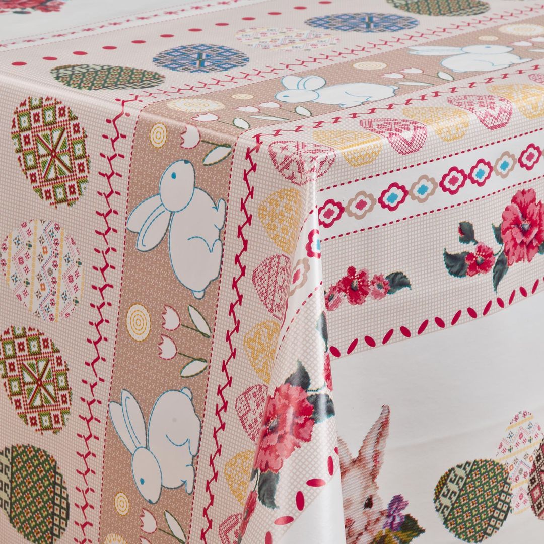 Wachstuch-Tischdecken Ostern Hase Eier Blumen Beige rechteckig