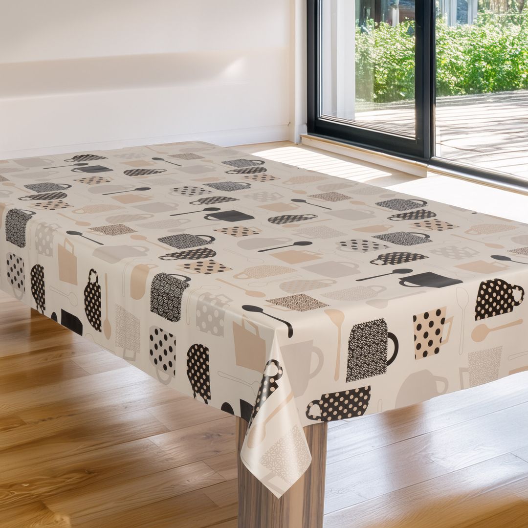 laro Wachstuch-Tischdecke Gartentischdecke Kaffeepause Beige Schwarz