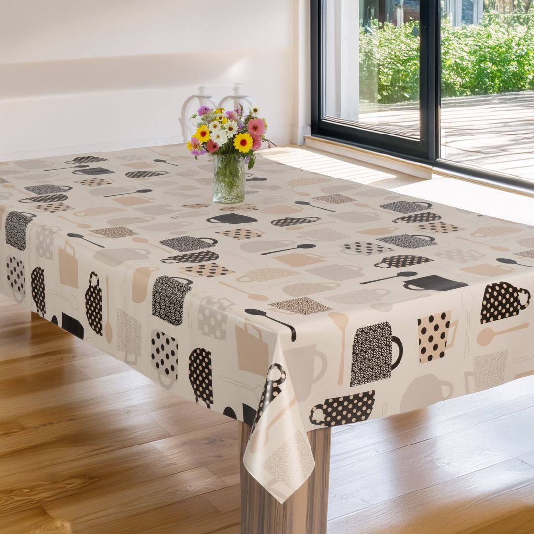 laro Wachstuch-Tischdecke Gartentischdecke Kaffeepause Beige Schwarz