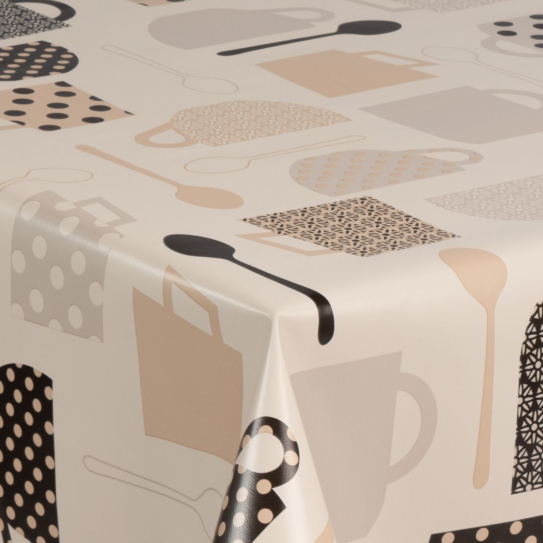 laro Wachstuch-Tischdecke Gartentischdecke Kaffeepause Beige Schwarz