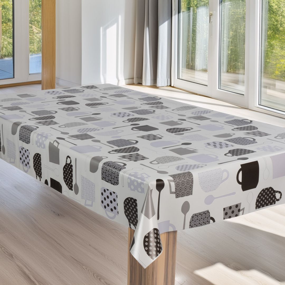 laro Wachstuch-Tischdecke Wachstischdecke Gartentischdecke Kaffeepause Weiß Grau
