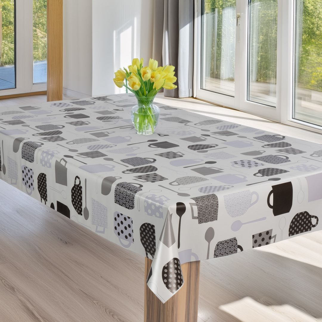 laro Wachstuch-Tischdecke Wachstischdecke Gartentischdecke Kaffeepause Weiß Grau