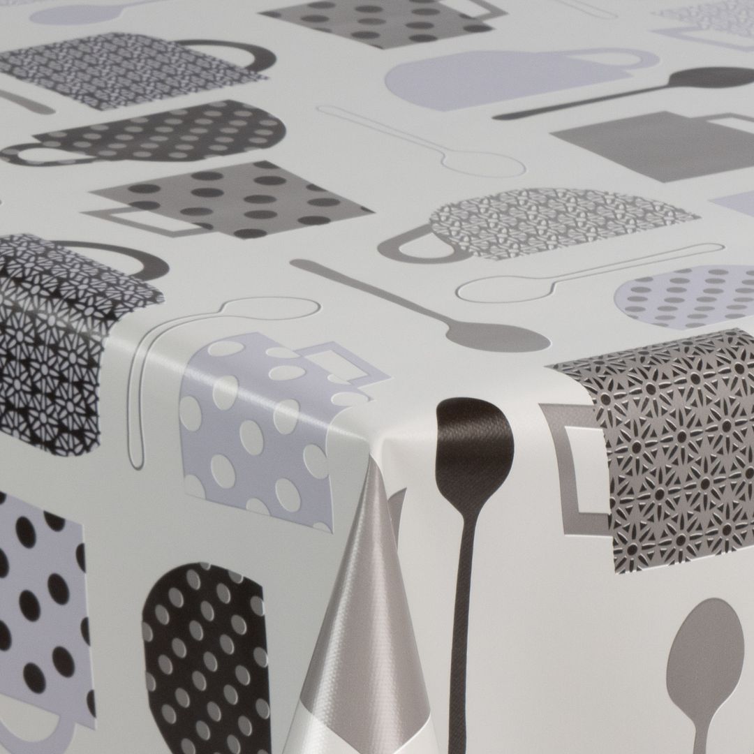 laro Wachstuch-Tischdecke Wachstischdecke Gartentischdecke Kaffeepause Weiß Grau