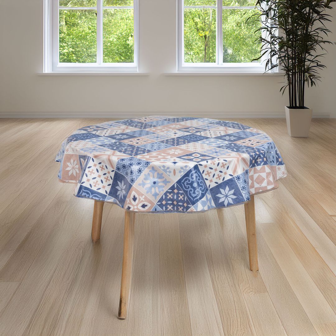 laro 140cm runde Wachstuchtischdecke mit Saum-Eingefasst Kaleidoskop Braun Blau