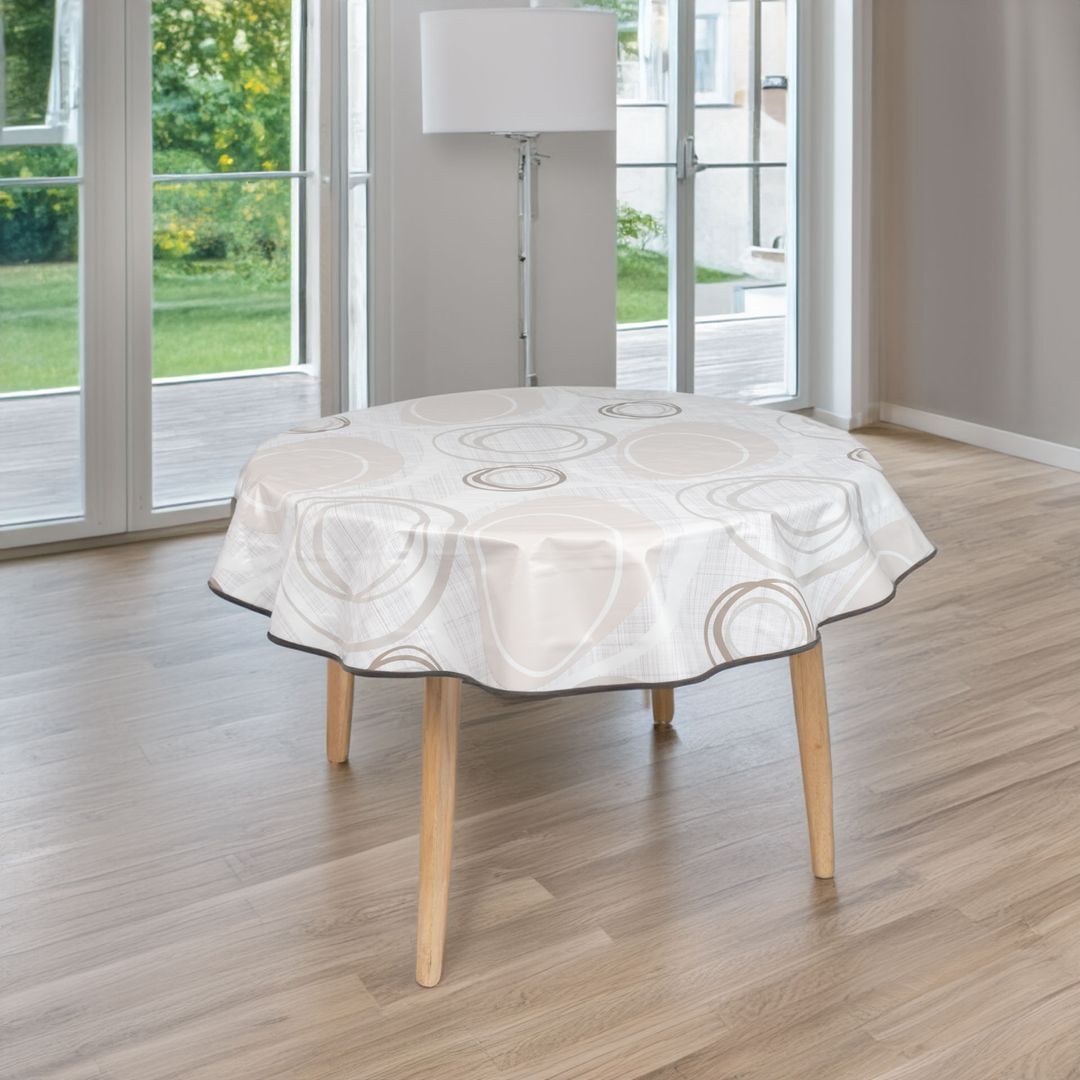 laro 140cm runde Wachstuchtischdecke mit Saum-Eingefasst Kreiswogen Weiß Beige