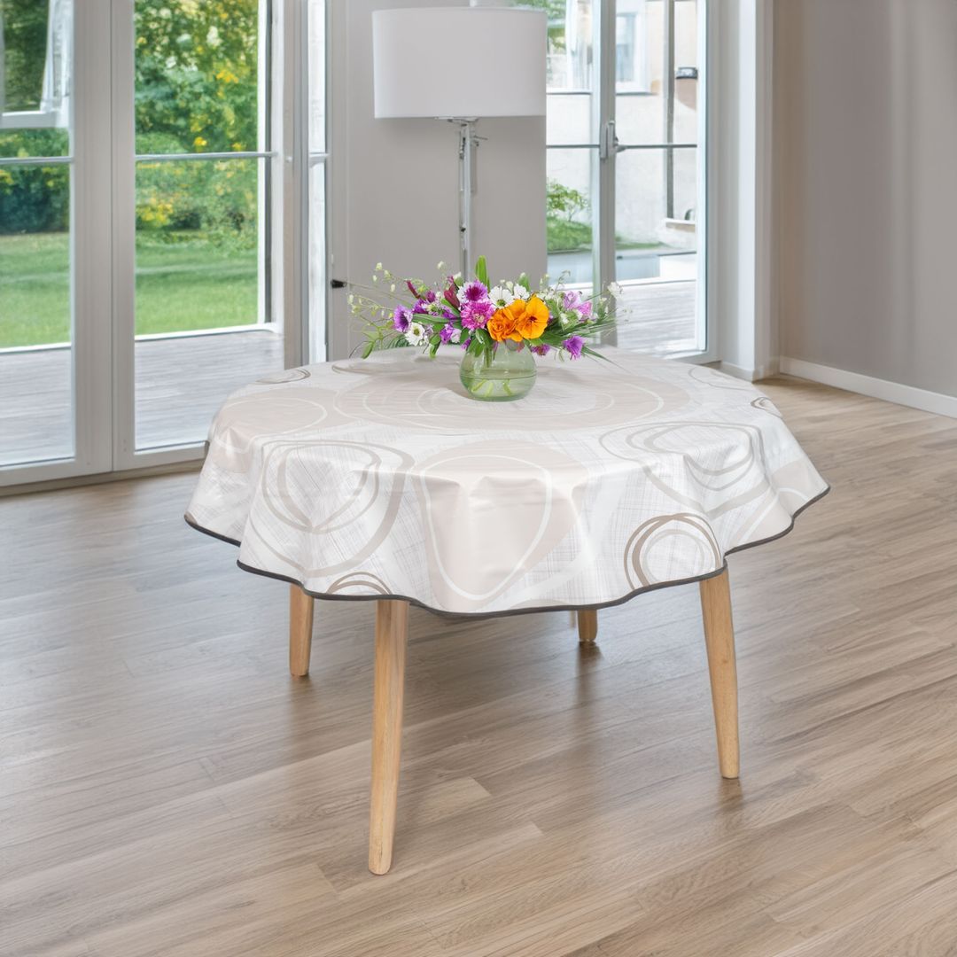 laro 140cm runde Wachstuchtischdecke mit Saum-Eingefasst Kreiswogen Weiß Beige