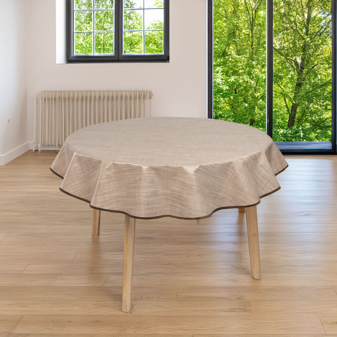 laro 140cm runde Wachstuchtischdecke mit Saum-Eingefasst Leinenoptik Beige Braun