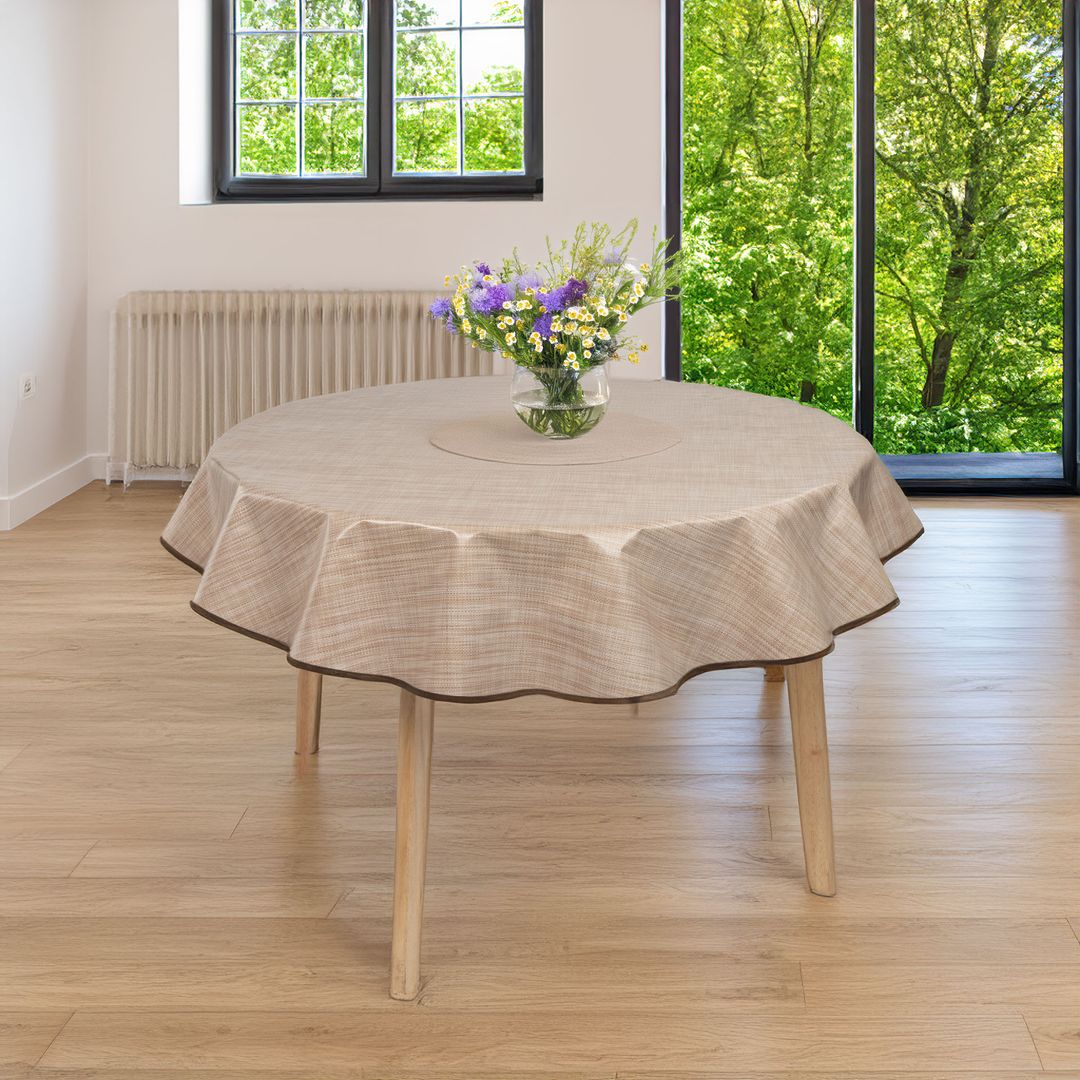 laro 140cm runde Wachstuchtischdecke mit Saum-Eingefasst Leinenoptik Beige Braun