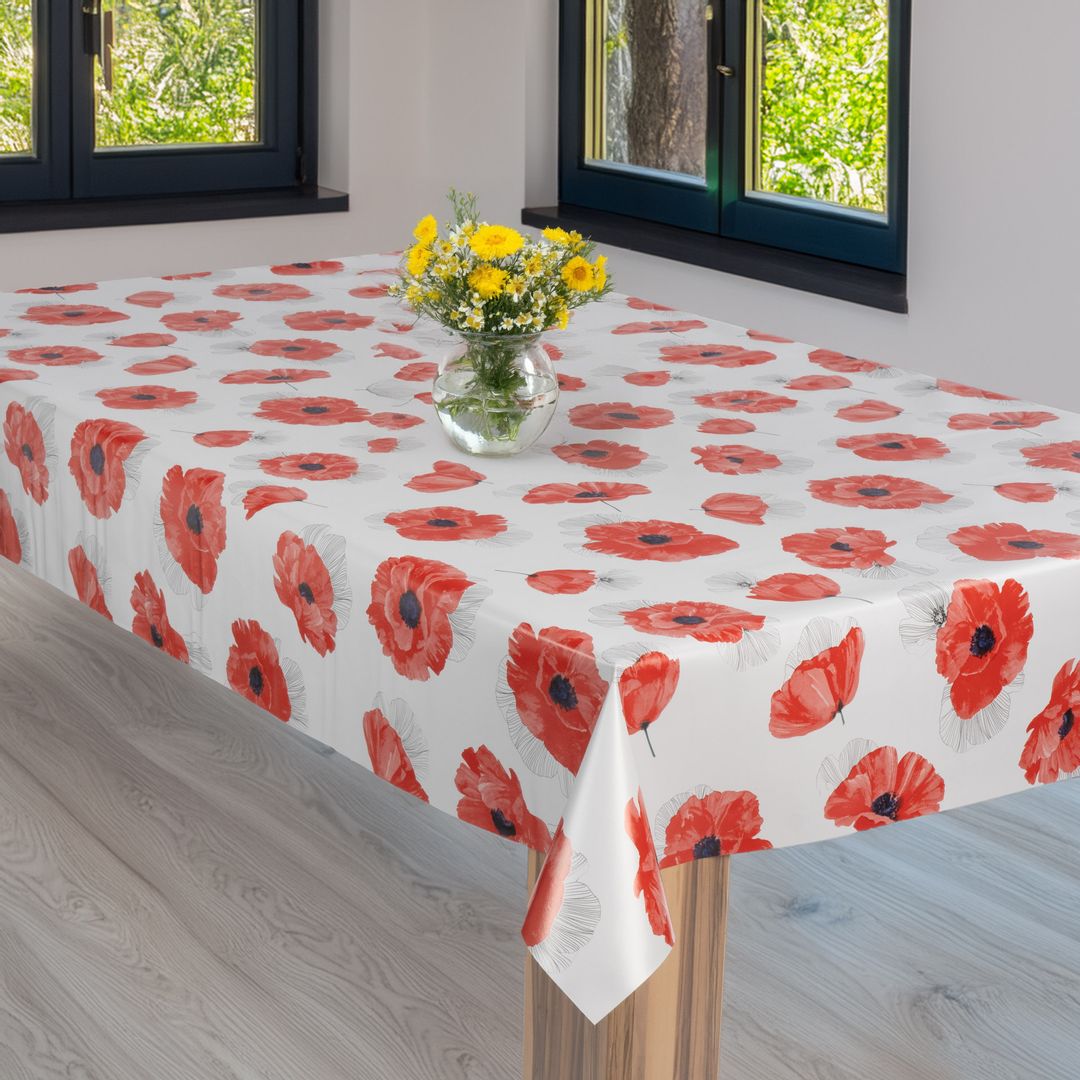 laro Wachstuch-Tischdecke Gartentischdecke Mohnblume Schmetterling Rot