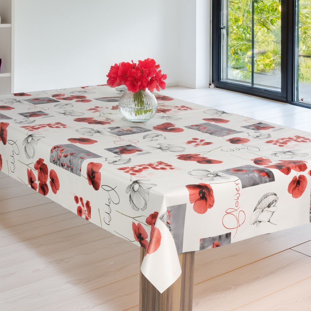 laro Wachstuch-Tischdecke Wachstischdecke Gartentischdecke Mohnblumen WeißModern