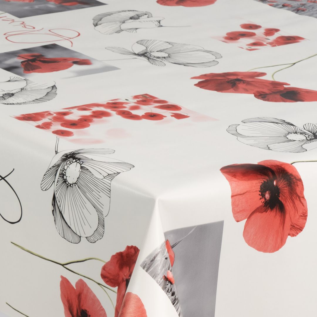 laro Wachstuch-Tischdecke Wachstischdecke Gartentischdecke Mohnblumen WeißModern