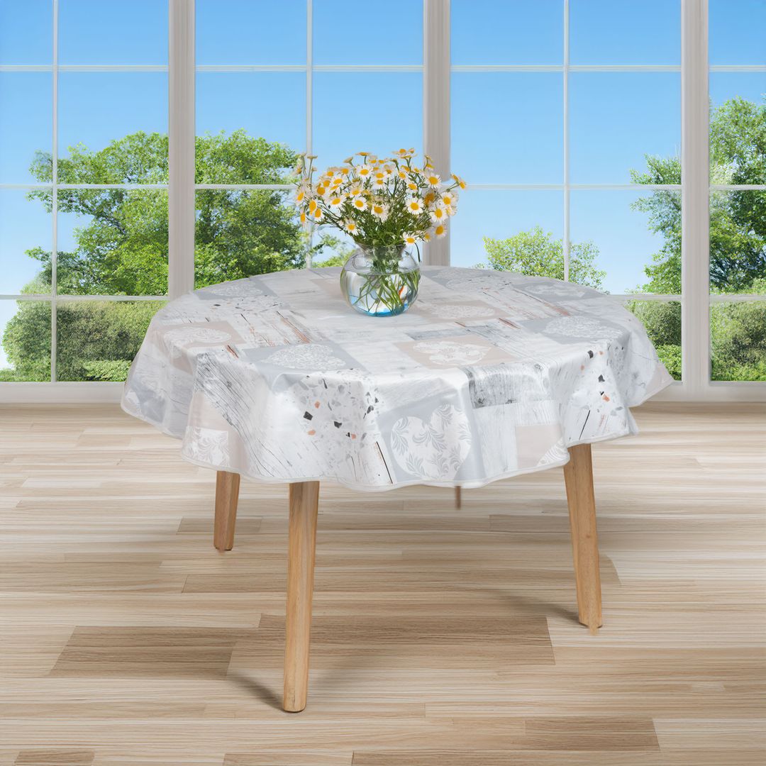 laro 140cm runde Wachstuchtischdecke mit Saum-Eingefasst Naturherzen Beige