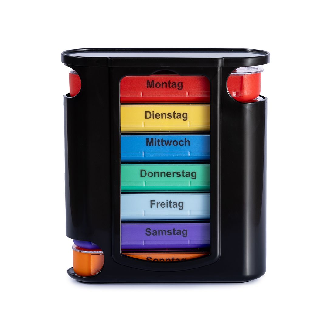Laro Tablettenbox Schwarz 7 Tage – 4 Fächer – 3/4//6/12/24/48/96 Stück